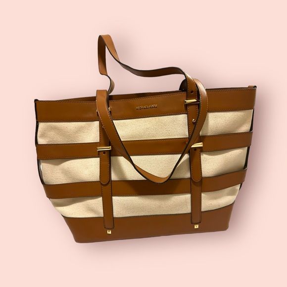 Michael Kors Marie Medium Cage Tote‎ Bag Canvas Leather Stripes - Picture 4 of 10